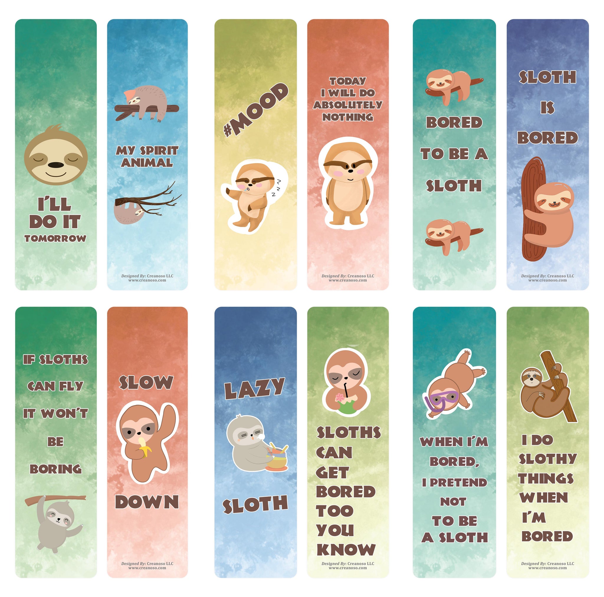Creanoso Bored Animal Sayings Bookmarks - Sloth Theme (2-Sets X 6 Cards) â€“ Daily Inspirational Card Set â€“ Interesting Book Page Clippers â€“ Great Gifts for Adults and Professionals