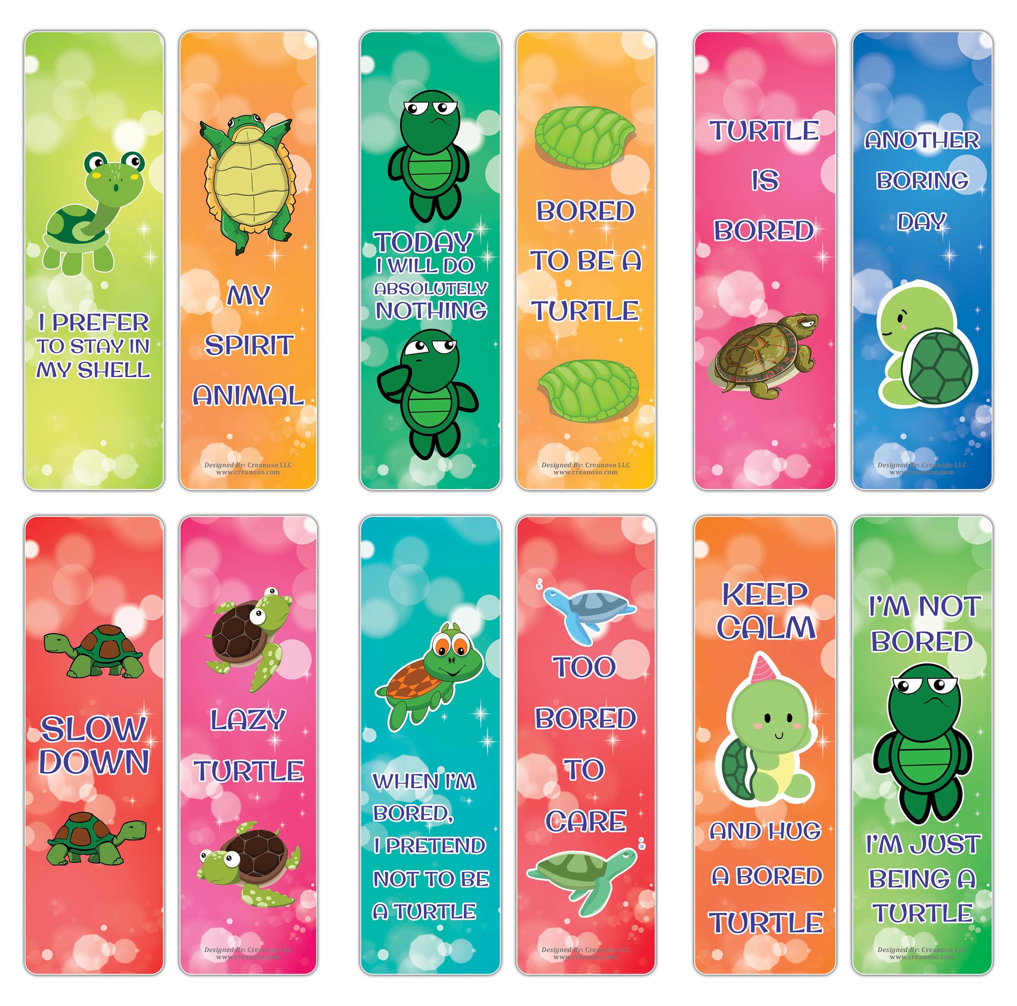 Creanoso Bored Animal Sayings Bookmarks - Turtle Theme (10-Sets X 6 Cards) â€“ Daily Inspirational Card Set â€“ Interesting Book Page Clippers â€“ Great Gifts for Adults and Professionals