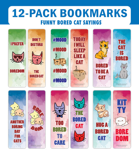 Creanoso Bored Animal Sayings Bookmarks - Cat Theme (2-Sets X 6 Cards) â€“ Daily Inspirational Card Set â€“ Interesting Book Page Clippers â€“ Great Gifts for Adults and Professionals