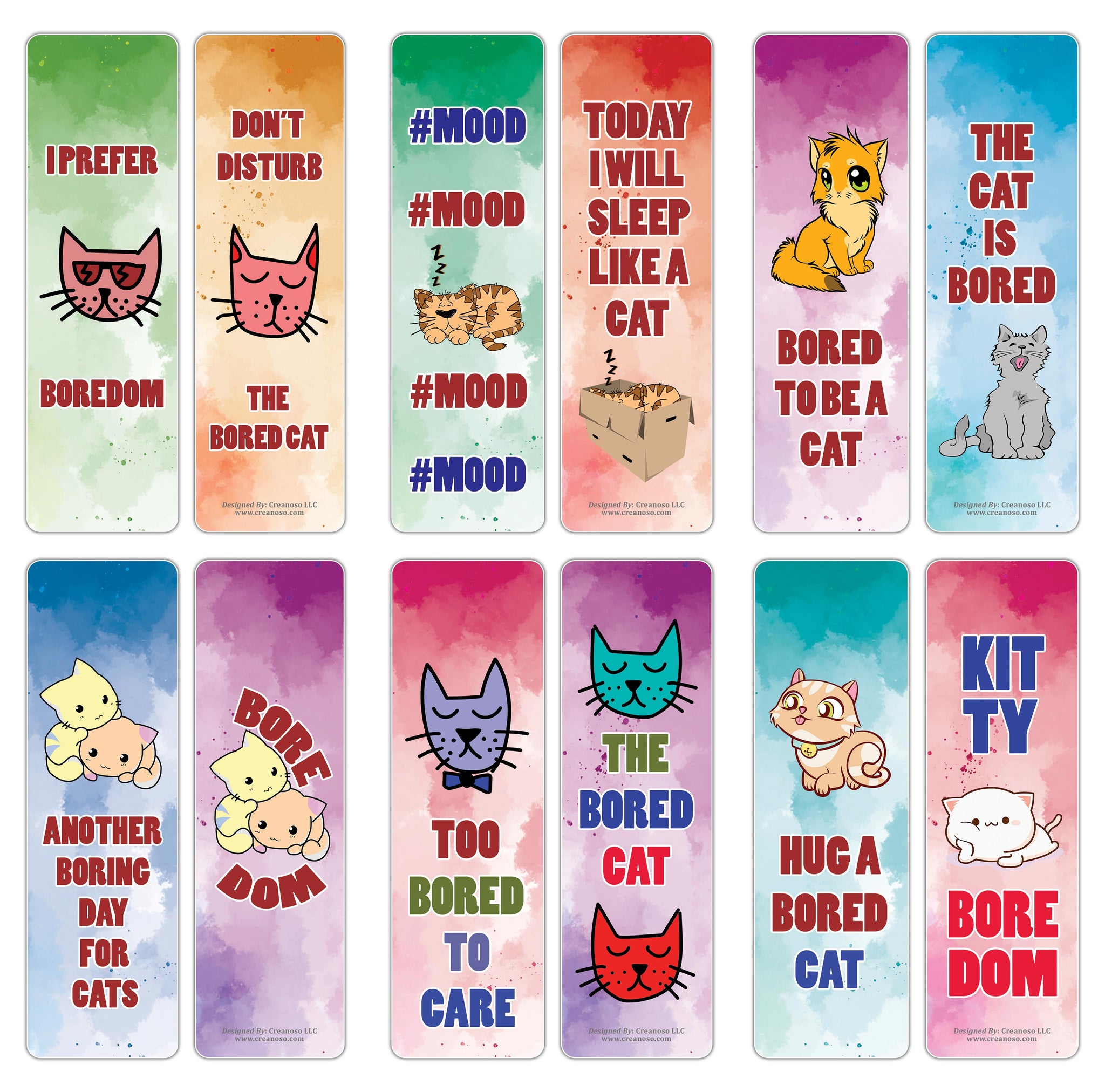 Creanoso Bored Animal Sayings Bookmarks - Cat Theme (10-Sets X 6 Cards) â€“ Daily Inspirational Card Set â€“ Interesting Book Page Clippers â€“ Great Gifts for Adults and Professionals
