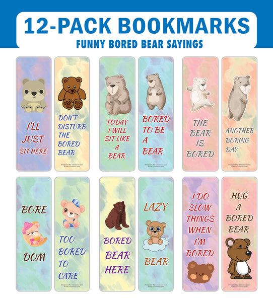 Creanoso Bored Animal Sayings Bookmarks - Bear Theme (2-Sets X 6 Cards) â€“ Daily Inspirational Card Set â€“ Interesting Book Page Clippers â€“ Great Gifts for Adults and Professionals