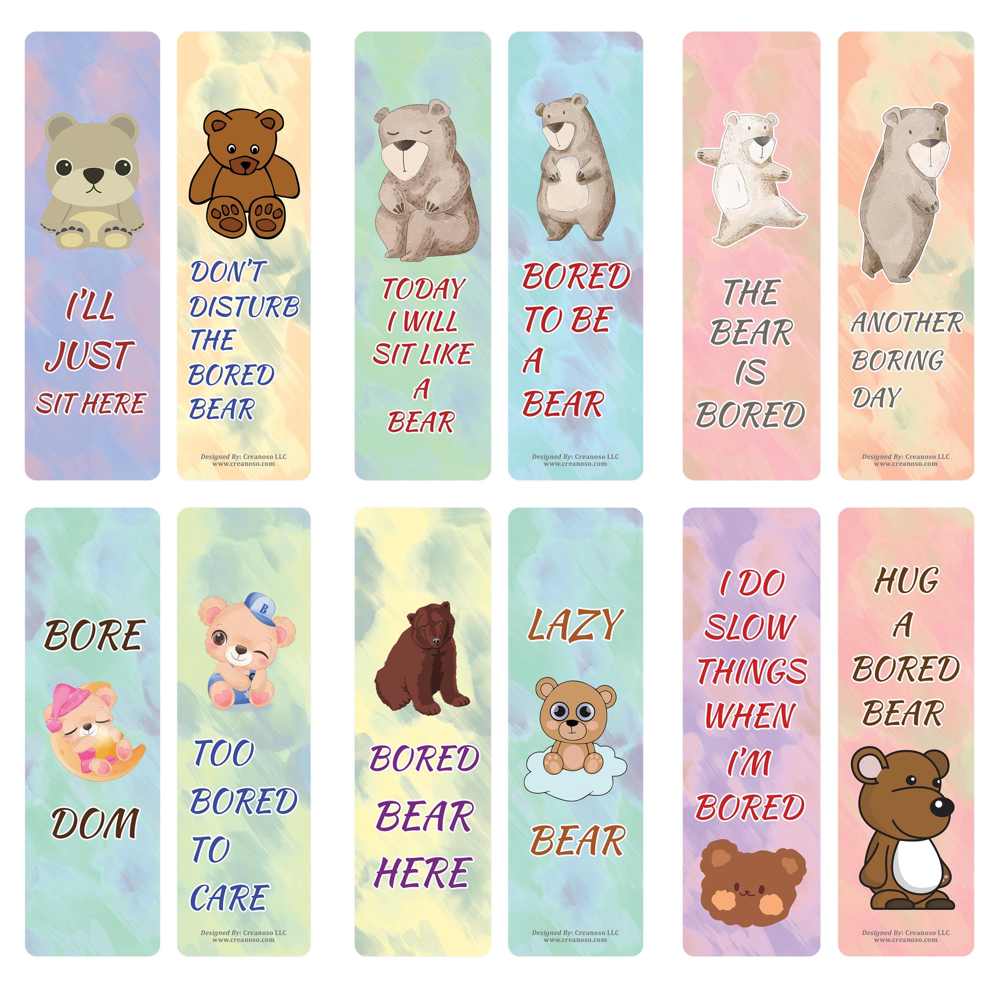 Creanoso Bored Animal Sayings Bookmarks - Bear Theme (5-Sets X 6 Cards) â€“ Daily Inspirational Card Set â€“ Interesting Book Page Clippers â€“ Great Gifts for Adults and Professionals