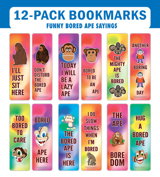 Creanoso Bored Animal Sayings Bookmarks - Ape Theme (2-Sets X 6 Cards) â€“ Daily Inspirational Card Set â€“ Interesting Book Page Clippers â€“ Great Gifts for Adults and Professionals