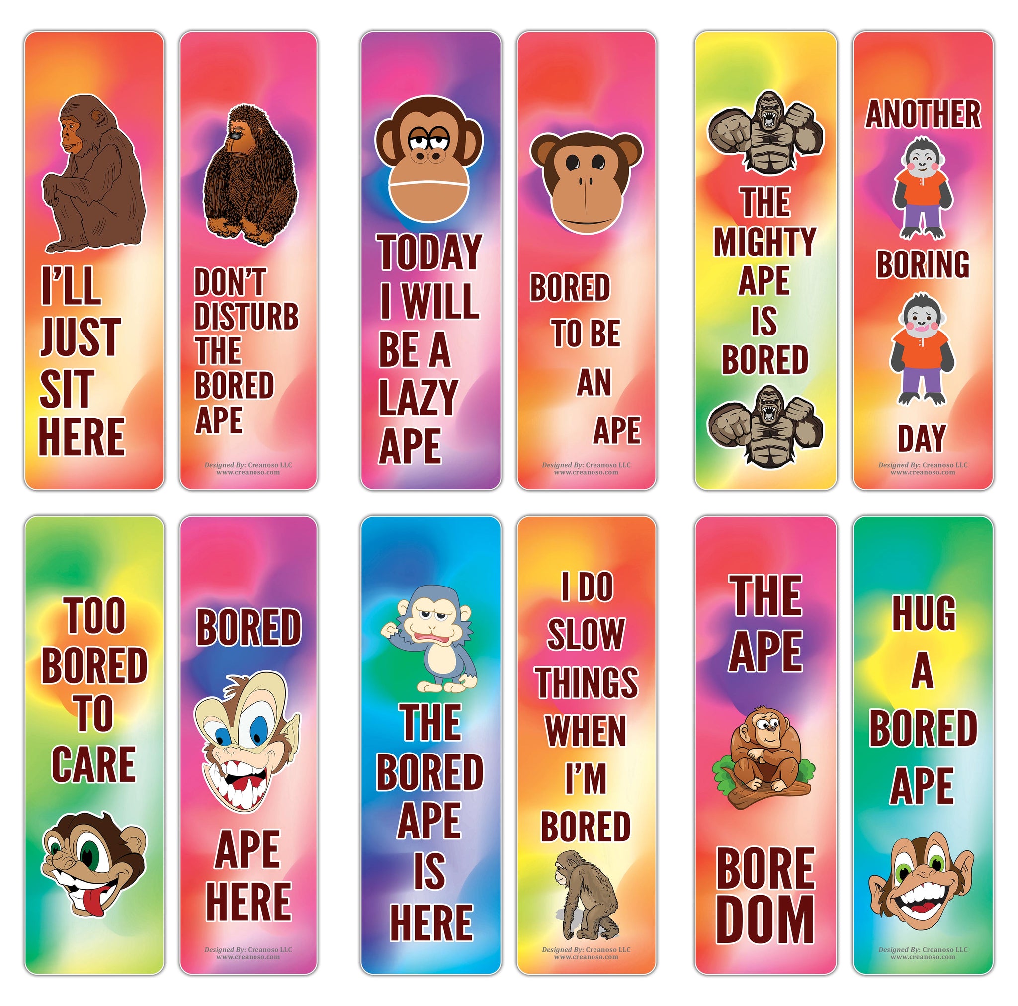 Creanoso Bored Animal Sayings Bookmarks - Ape Theme (10-Sets X 6 Cards) â€“ Daily Inspirational Card Set â€“ Interesting Book Page Clippers â€“ Great Gifts for Adults and Professionals