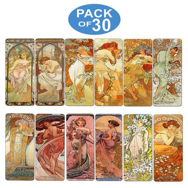 Vintage Bookmarks Cards - Alphonse Mucha Art Nouveau (30-Pack) - Stocking Stuffers Gift for Men & Women, Teens - Inspiring Art Party Favors Classroom Decor Rewards Incentive