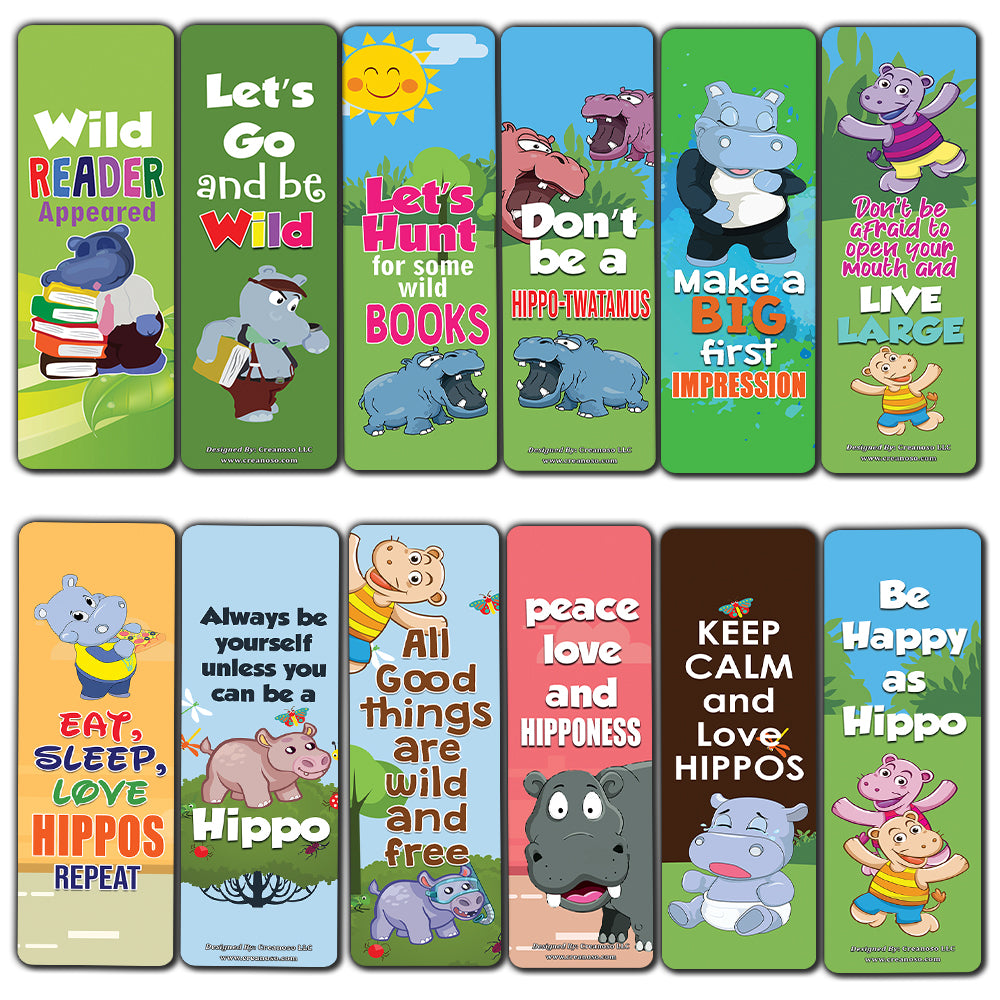 Creanoso Hippo Cute Animal Theme Bookmarks for Kids (60-Pack)  Unique inspiring Gift for Boys & Girls, Teens Awesome Rewards Stocking Stuffers Incentives Perfect Giveaways for Children