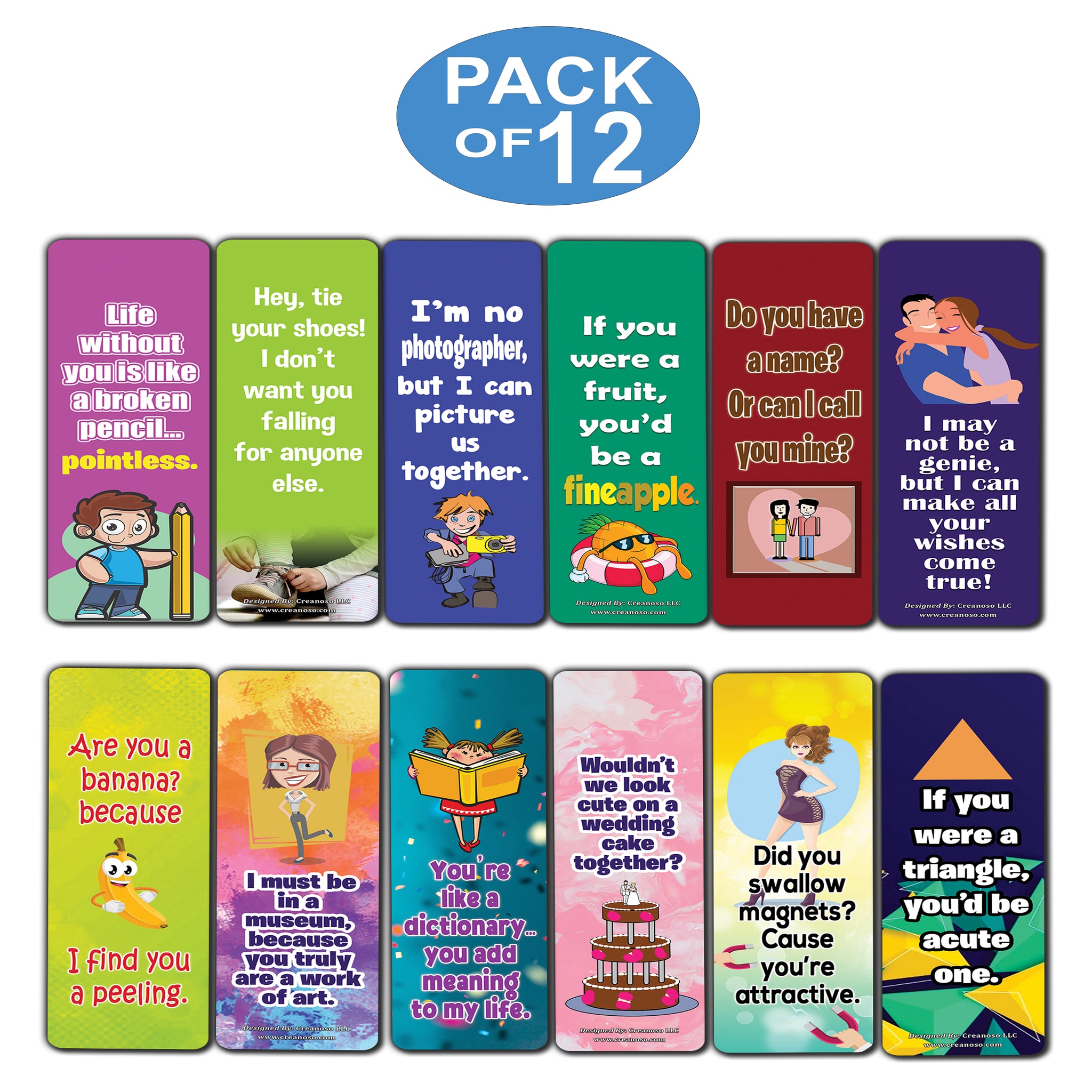 Creanoso Pick Up Lines Funny Bookmarks (12-Pack) â€“ Party Card Set â€“ Assorted Bulk Collection