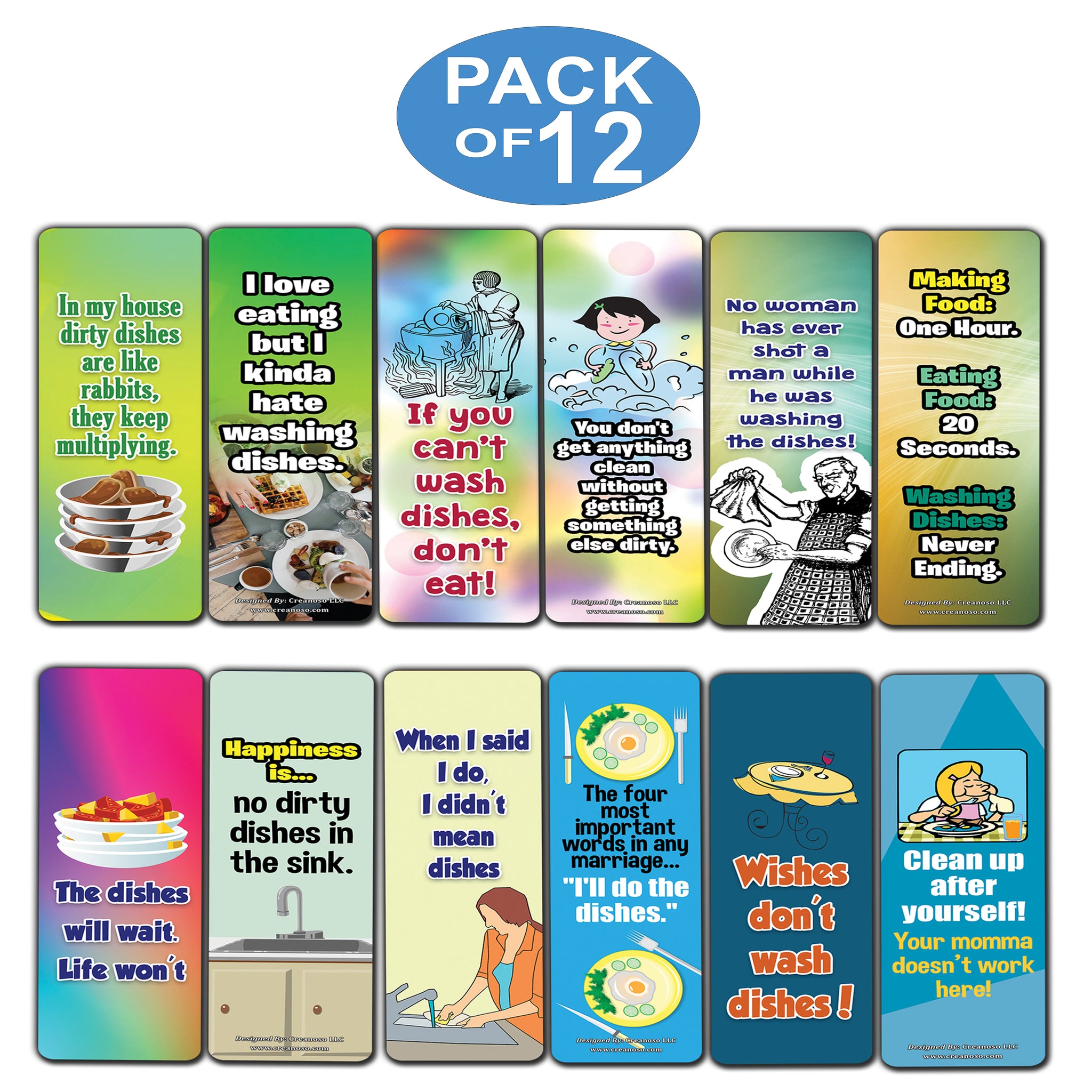 Creanoso Funny Sayings About Washing Dishes Jokes Bookmarks (12-Pack) â€“ Premium Bookmarks Set