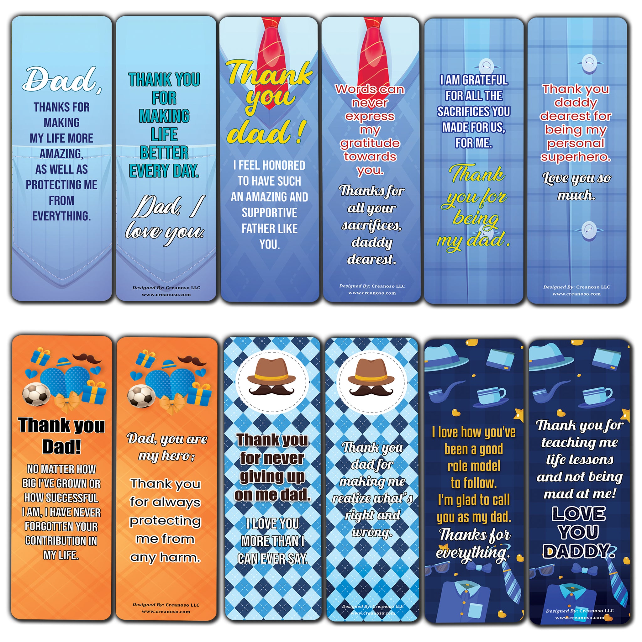 Creanoso Father Appreciation Bookmarks (2-Sets X 6 Cards) â€“ Daily Inspirational Card Set â€“ Interesting Book Page Clippers â€“ Great Gifts for Adults and Professionals
