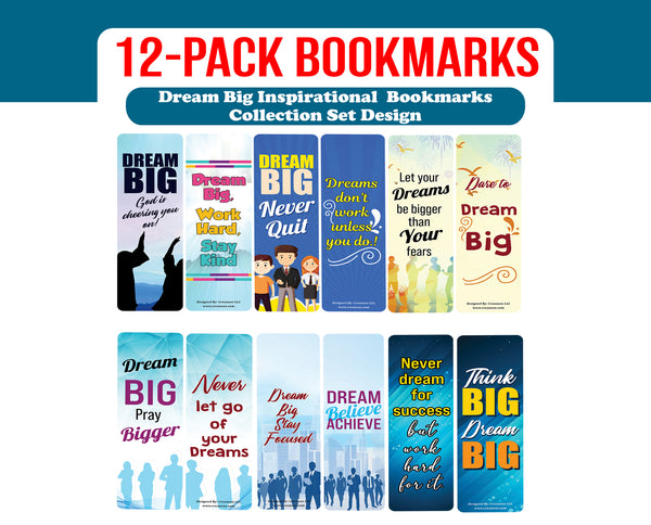 Creanoso Dream Big Inspirational Bookmarks (2-Sets X 6 Cards) â€“ Daily Inspirational Card Set â€“ Interesting Book Page Clippers â€“ Great Gifts for Adults and Professionals