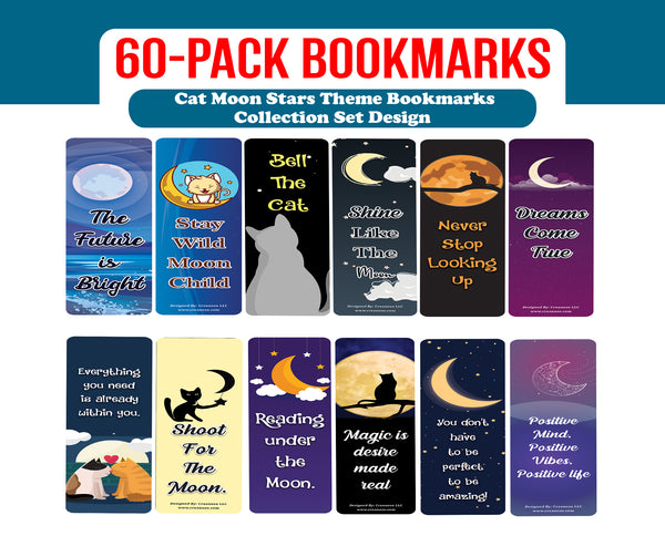 Creanoso Cat Moon Start Theme Bookmarks (10-Sets X 6 Cards) â€“ Daily Inspirational Card Set â€“ Interesting Book Page Clippers â€“ Great Gifts for Adults and Professionals