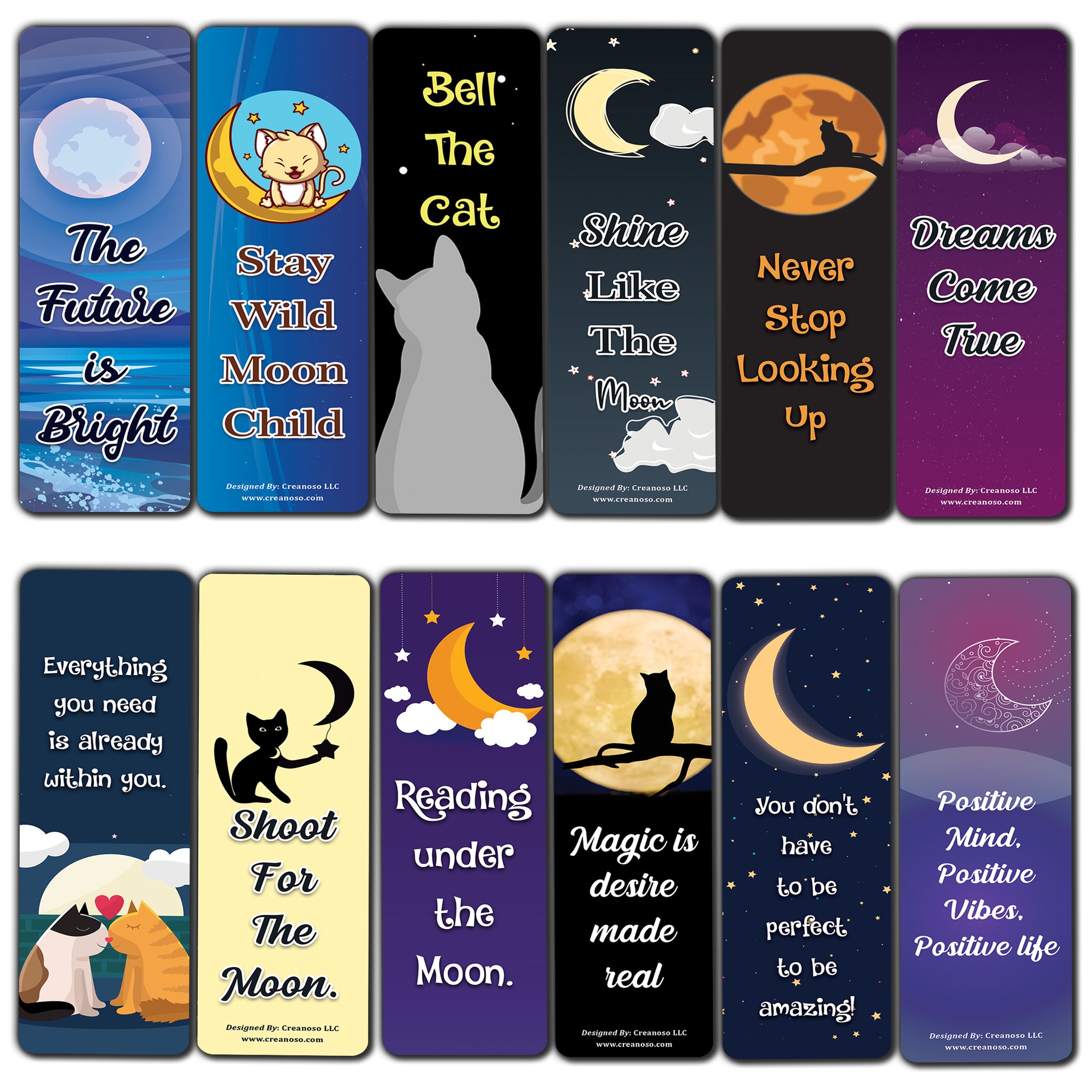 Creanoso Cat Moon Start Theme Bookmarks (10-Sets X 6 Cards) â€“ Daily Inspirational Card Set â€“ Interesting Book Page Clippers â€“ Great Gifts for Adults and Professionals