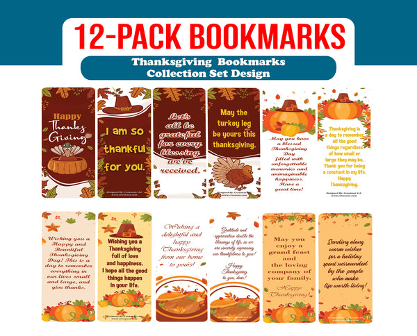Creanoso Thanksgiving Bookmarks (2-Sets X 6 Cards) â€“ Daily Inspirational Card Set â€“ Interesting Book Page Clippers â€“ Great Gifts for Adults and Professionals