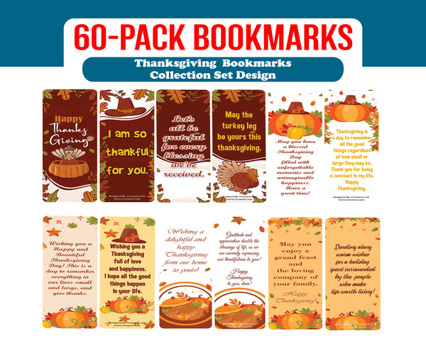 Creanoso Thanksgiving Bookmarks (10-Sets X 6 Cards) â€“ Daily Inspirational Card Set â€“ Interesting Book Page Clippers â€“ Great Gifts for Adults and Professionals