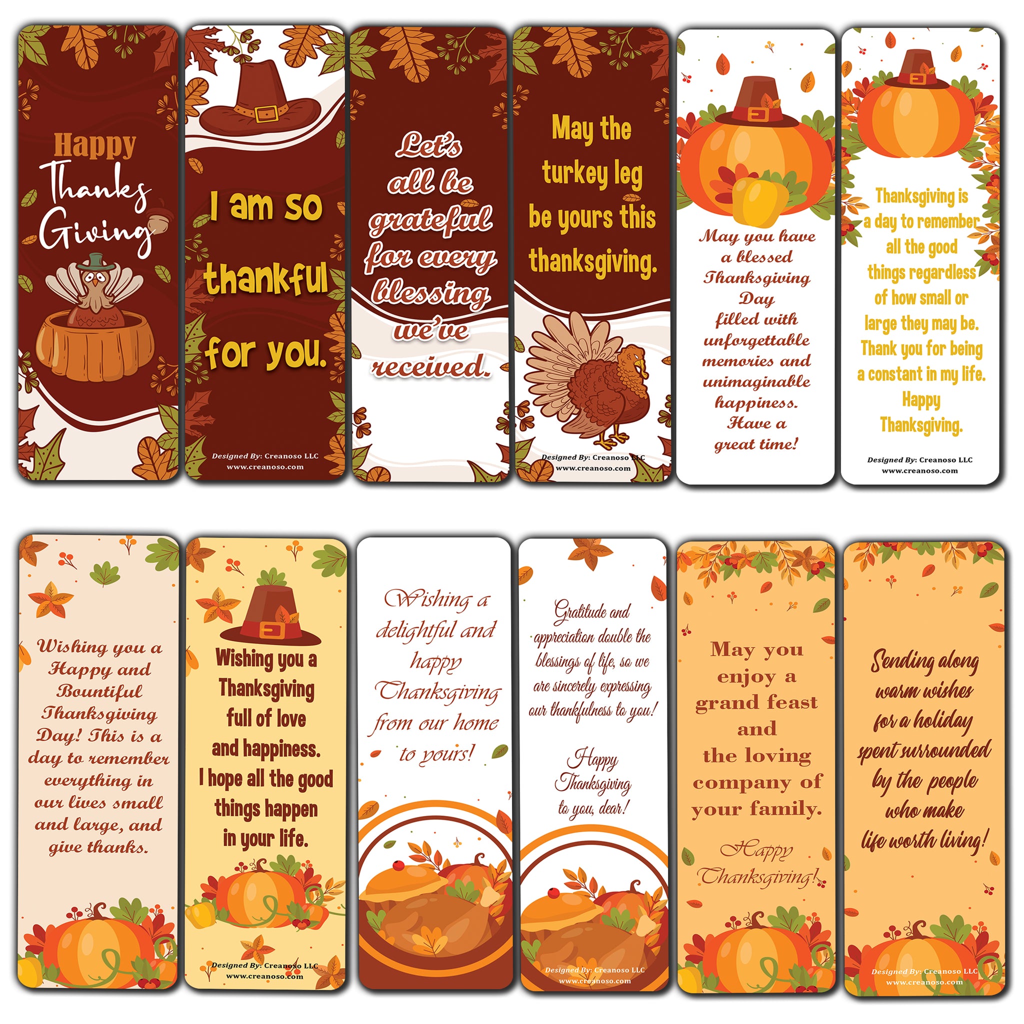 Creanoso Thanksgiving Bookmarks (10-Sets X 6 Cards) â€“ Daily Inspirational Card Set â€“ Interesting Book Page Clippers â€“ Great Gifts for Adults and Professionals