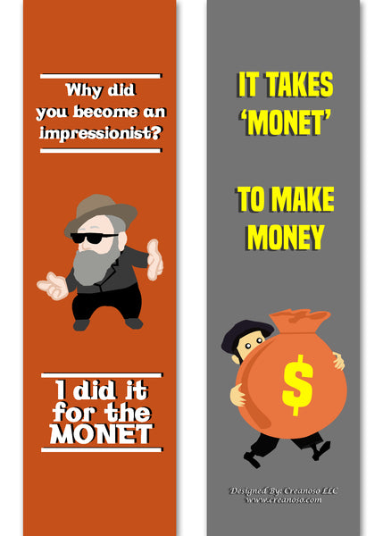 Creanoso Funny Bookmark Series 2 - Monet Jokes (60-Pack) Ã¢â‚¬â€œ Six Assorted Quality Bookmarks Bulk Set Ã¢â‚¬â€œ Premium Gift for Bibliophiles Ã¢â‚¬â€œ Awesome Bookmarks Giveaways Ã¢â‚¬â€œ Stocking Stuffers Gift Ideas