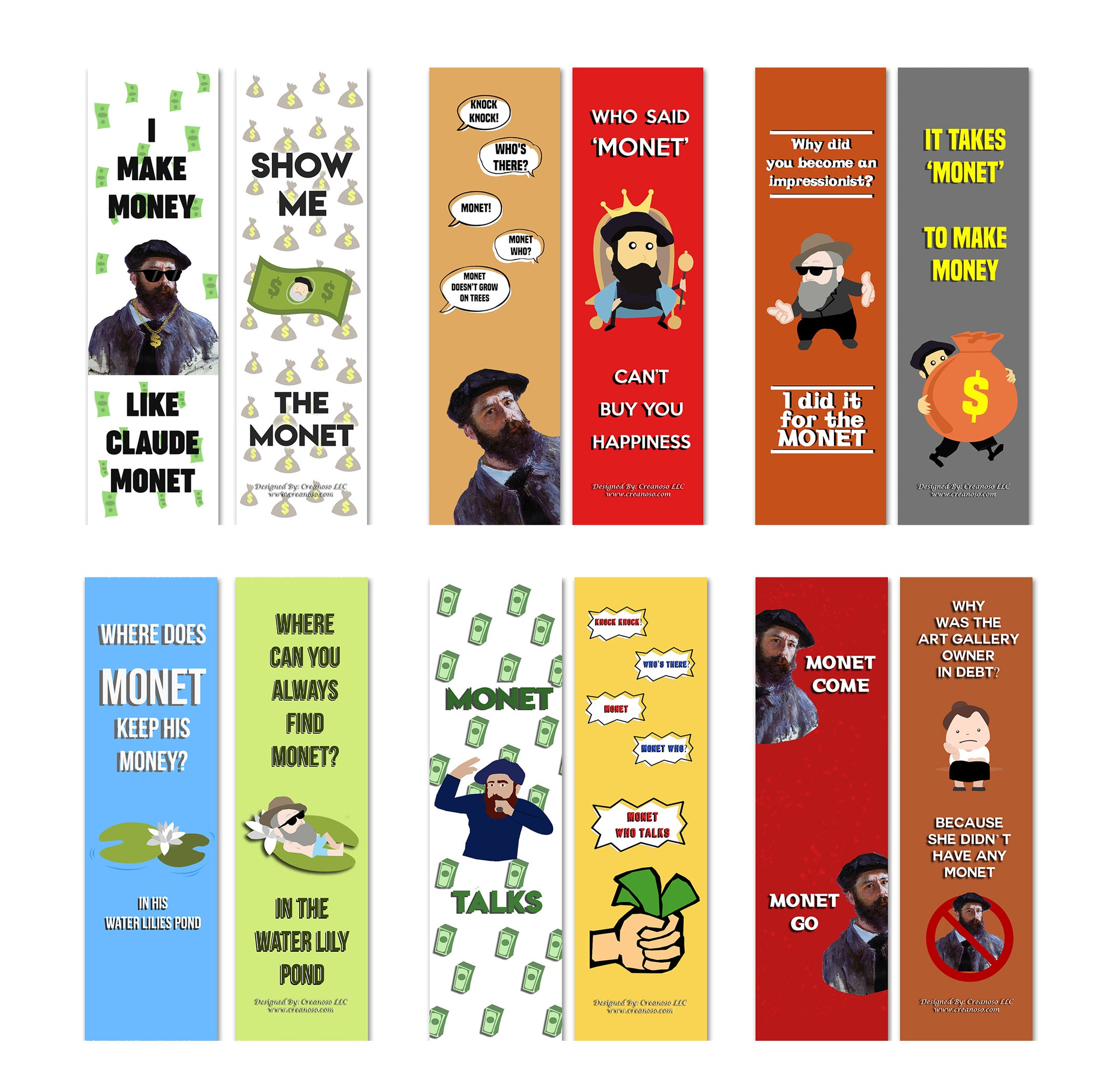 Creanoso Funny Bookmark Series 2 - Monet Jokes (60-Pack) Ã¢â‚¬â€œ Six Assorted Quality Bookmarks Bulk Set Ã¢â‚¬â€œ Premium Gift for Bibliophiles Ã¢â‚¬â€œ Awesome Bookmarks Giveaways Ã¢â‚¬â€œ Stocking Stuffers Gift Ideas