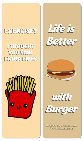 Creanoso Funny Food Sayings Bookmarks (60- Pack) - Premium Gift Set - Awesome Bookmarks for Adult Men & Women, Teens, Food Lovers- Six Bulk Assorted Bookmarks Designs - Business Giveaways