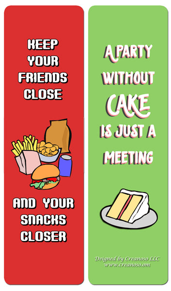 Creanoso Funny Food Sayings Bookmarks (60- Pack) - Premium Gift Set - Awesome Bookmarks for Adult Men & Women, Teens, Food Lovers- Six Bulk Assorted Bookmarks Designs - Business Giveaways