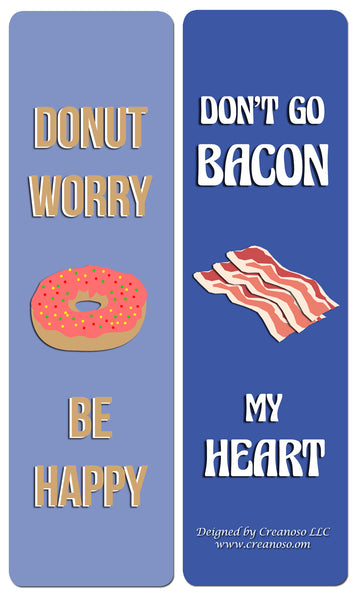 Creanoso Funny Food Sayings Bookmarks (60- Pack) - Premium Gift Set - Awesome Bookmarks for Adult Men & Women, Teens, Food Lovers- Six Bulk Assorted Bookmarks Designs - Business Giveaways