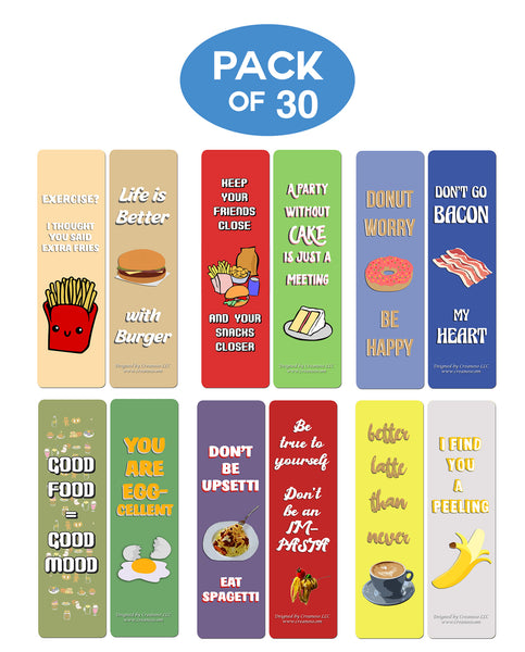 Creanoso Funny Food Sayings Bookmarks (30-Pack) ÃƒÂ¢Ã¢â€šÂ¬Ã¢â‚¬Å“ Six Assorted Quality Bookmarker Cards Bulk Set ÃƒÂ¢Ã¢â€šÂ¬Ã¢â‚¬Å“ Premium Gift for Food Lovers, Chefs, Cooks, Men & Women, Adults ÃƒÂ¢Ã¢â€šÂ¬Ã¢â‚¬Å“ Corporate Giveaways