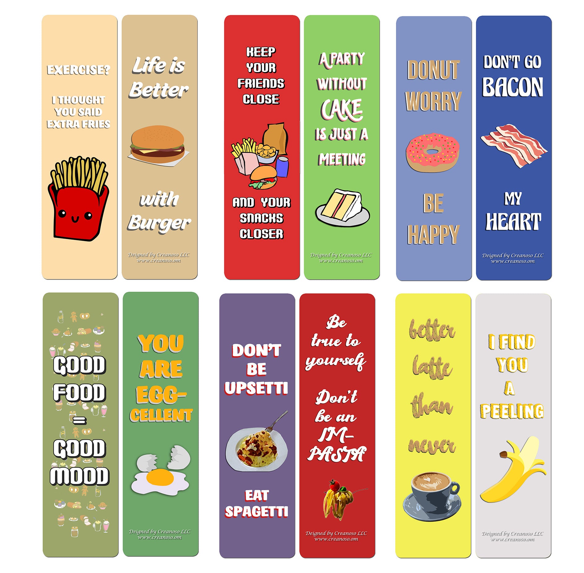 Creanoso Funny Food Sayings Bookmarks (30-Pack) ÃƒÂ¢Ã¢â€šÂ¬Ã¢â‚¬Å“ Six Assorted Quality Bookmarker Cards Bulk Set ÃƒÂ¢Ã¢â€šÂ¬Ã¢â‚¬Å“ Premium Gift for Food Lovers, Chefs, Cooks, Men & Women, Adults ÃƒÂ¢Ã¢â€šÂ¬Ã¢â‚¬Å“ Corporate Giveaways