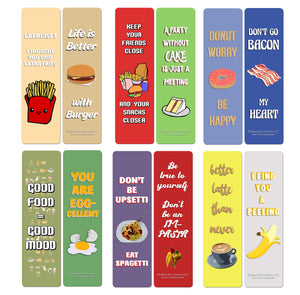 Creanoso Funny Food Sayings Bookmarks (60- Pack) - Premium Gift Set - Awesome Bookmarks for Adult Men & Women, Teens, Food Lovers- Six Bulk Assorted Bookmarks Designs - Business Giveaways
