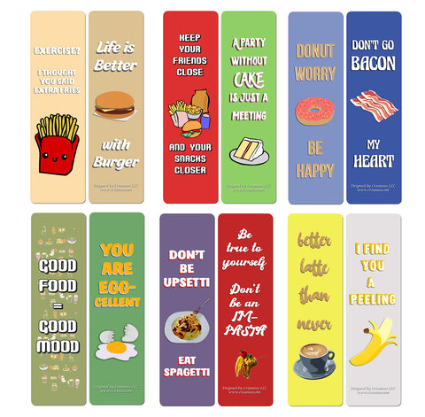 Creanoso Funny Food Sayings Bookmarks (60- Pack) - Premium Gift Set - Awesome Bookmarks for Adult Men & Women, Teens, Food Lovers- Six Bulk Assorted Bookmarks Designs - Business Giveaways