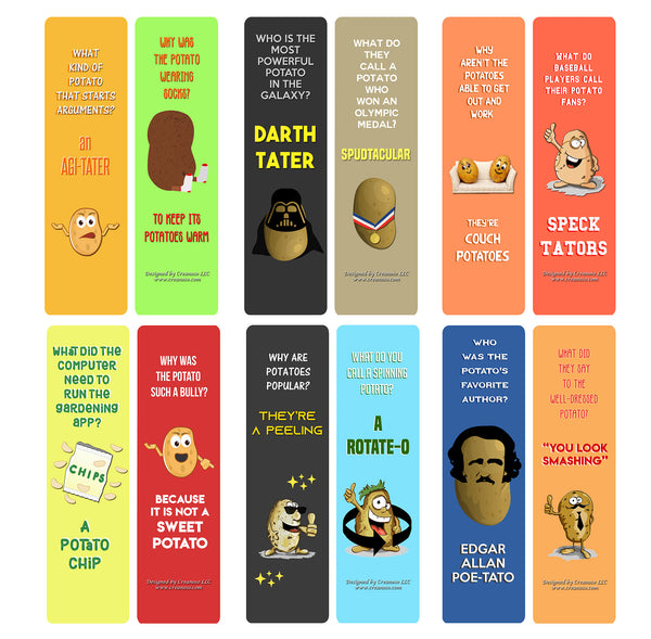 Creanoso Jokes About Potato Bookmarks (30-Pack) - Assorted Gift Set Card Pack - Awesome Stocking Stuffers Gifts for Boys & Girls, Children, Teens