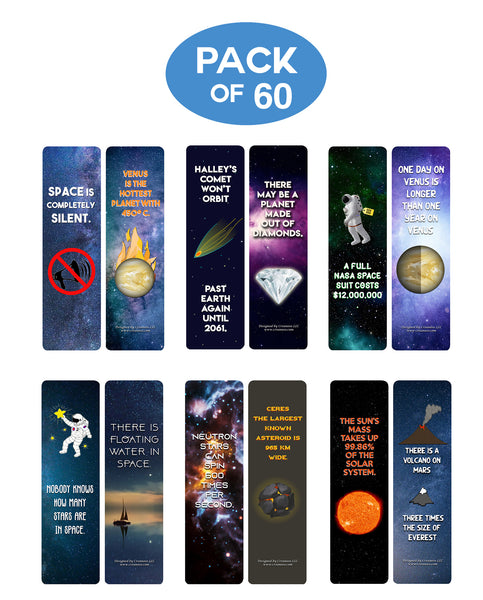 Creanoso Fun Facts about Space Bookmarks (60-Pack) - Bookmarker Giveaways for Science Lovers, Men, Women, Adults - Assorted Collection Bulk Set Page Clip - Unique Book Reading Rewards Incentive