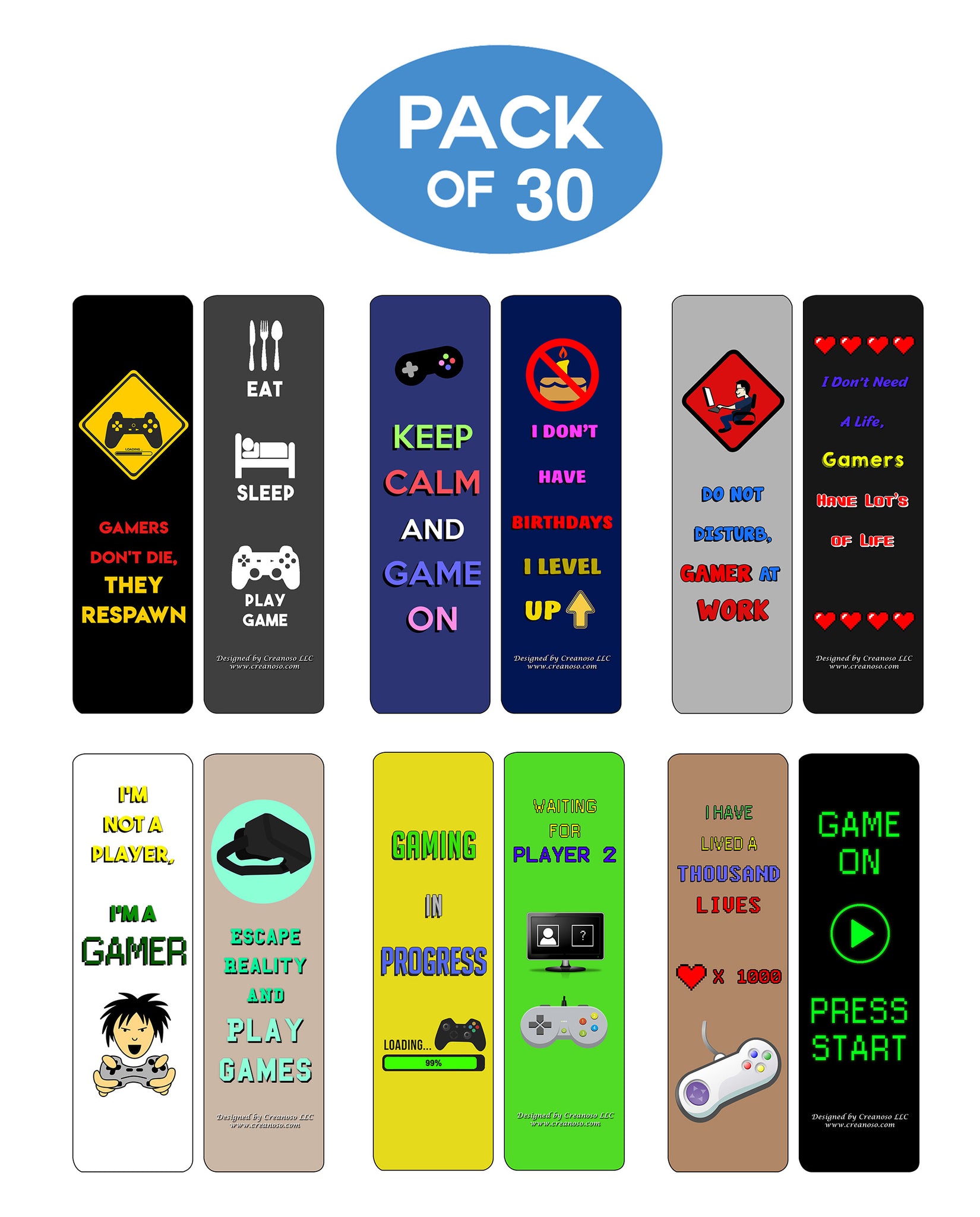 Game Bookmarklets Creanoso Gamer Bookmarks (30-Pack) - Perfect Gift for Video Game Fans
