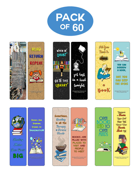 Creanoso Book lovers Bookmarks (60-Pack) - Awesome and Unique Designs - Excellent Party Favors Teacher Classroom Reading Rewards and Cool Gifts for Young Readers, Bibliophiles
