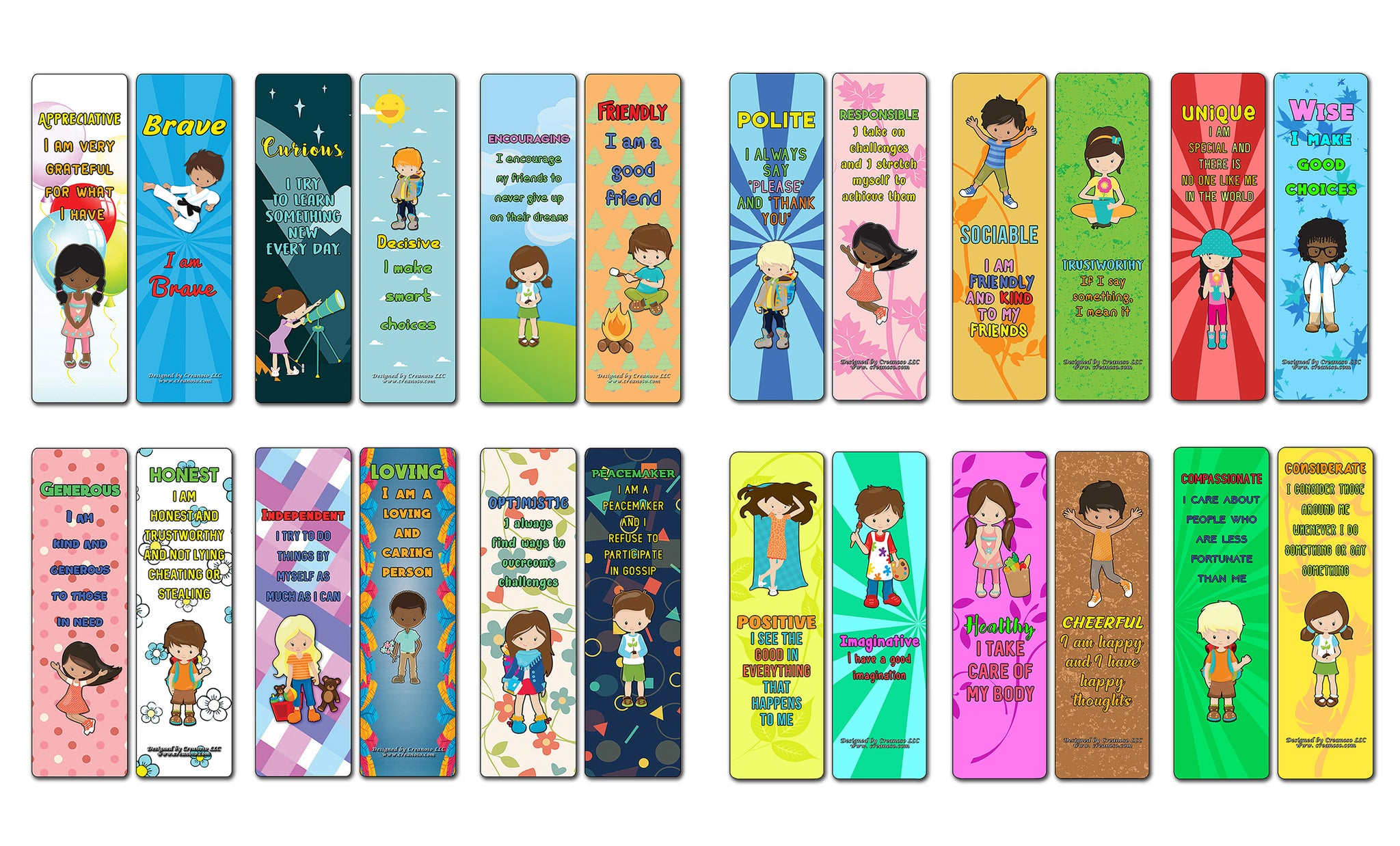 Creanoso Powerful Character Traits Bookmarks Variety Pack (24-Pack) - Assorted Designs for Children
