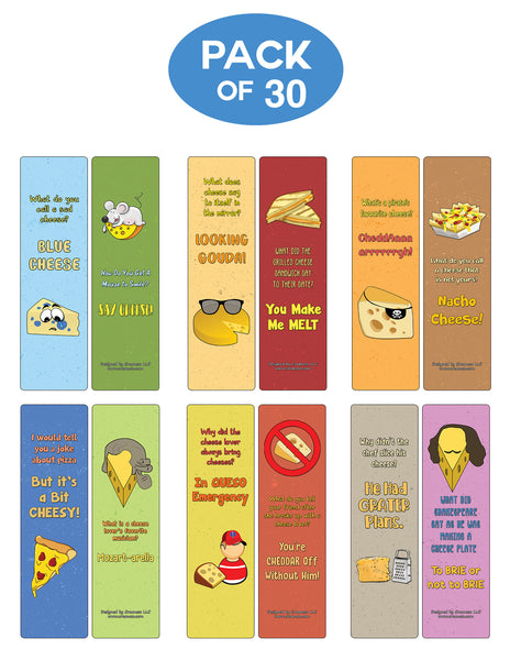 Creanoso Cheese Jokes Bookmarks (30-Pack) - Assorted Gift Set Card Pack Unique and Funny Design - Perfect School Classroom Incentives Rewards - Men, Women, Adult, Teens