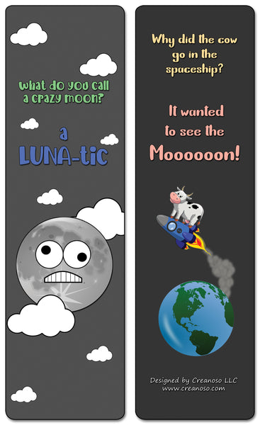 Creanoso Space Jokes Bookmarks - 12 Unique Humorous Outer Space Design - Premium Quality Card Stock