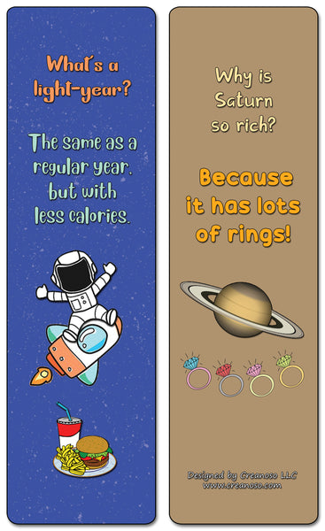 Creanoso Space Jokes Bookmarks - 12 Unique Humorous Outer Space Design - Premium Quality Card Stock