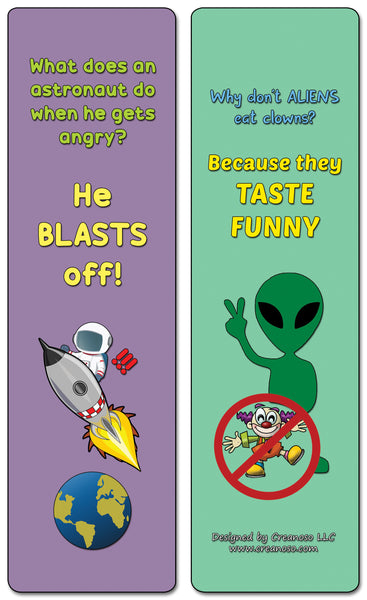 Creanoso Space Jokes Bookmarks - 12 Unique Humorous Outer Space Design - Premium Quality Card Stock