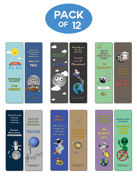 Creanoso Space Jokes Bookmarks - 12 Unique Humorous Outer Space Design - Premium Quality Card Stock