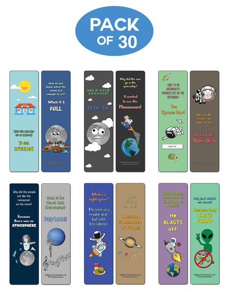 Creanoso Space Jokes Bookmarks - 12 Unique Humorous Outer Space Design - Premium Quality Card Stock