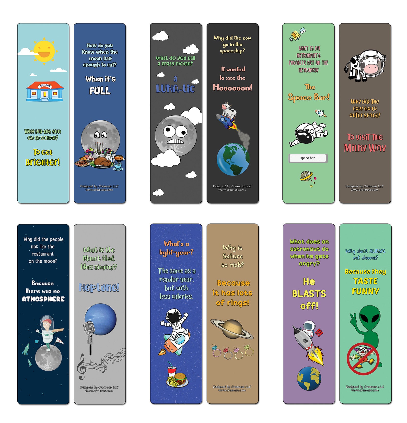 Creanoso Space Jokes Bookmarks - 12 Unique Humorous Outer Space Design - Premium Quality Card Stock