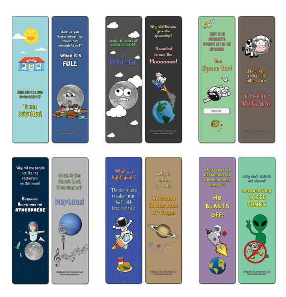 Creanoso Space Jokes Bookmarks - 12 Unique Humorous Outer Space Design - Premium Quality Card Stock
