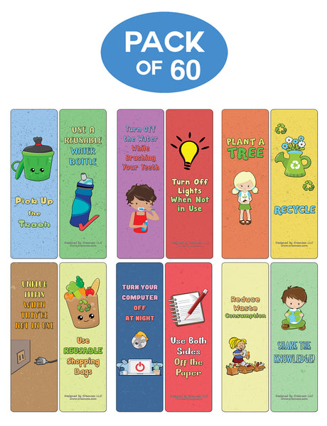 Creanoso Small Steps to Help the Environment Bookmarks (60-Pack) - Premium Quality Gift Ideas for Children, Teens, & Adults for All Occasions - Stocking Stuffers Party Favor & Giveaways