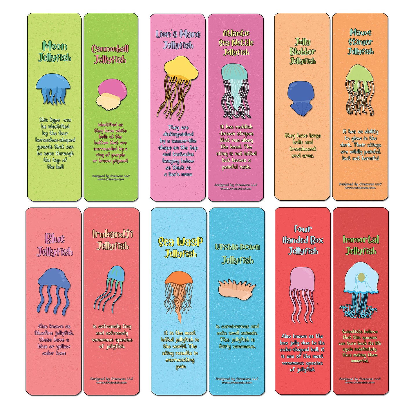 Creanoso Jellyfish Bookmark Cards - Sea Creatures Learning Gift Set for Children & Adults