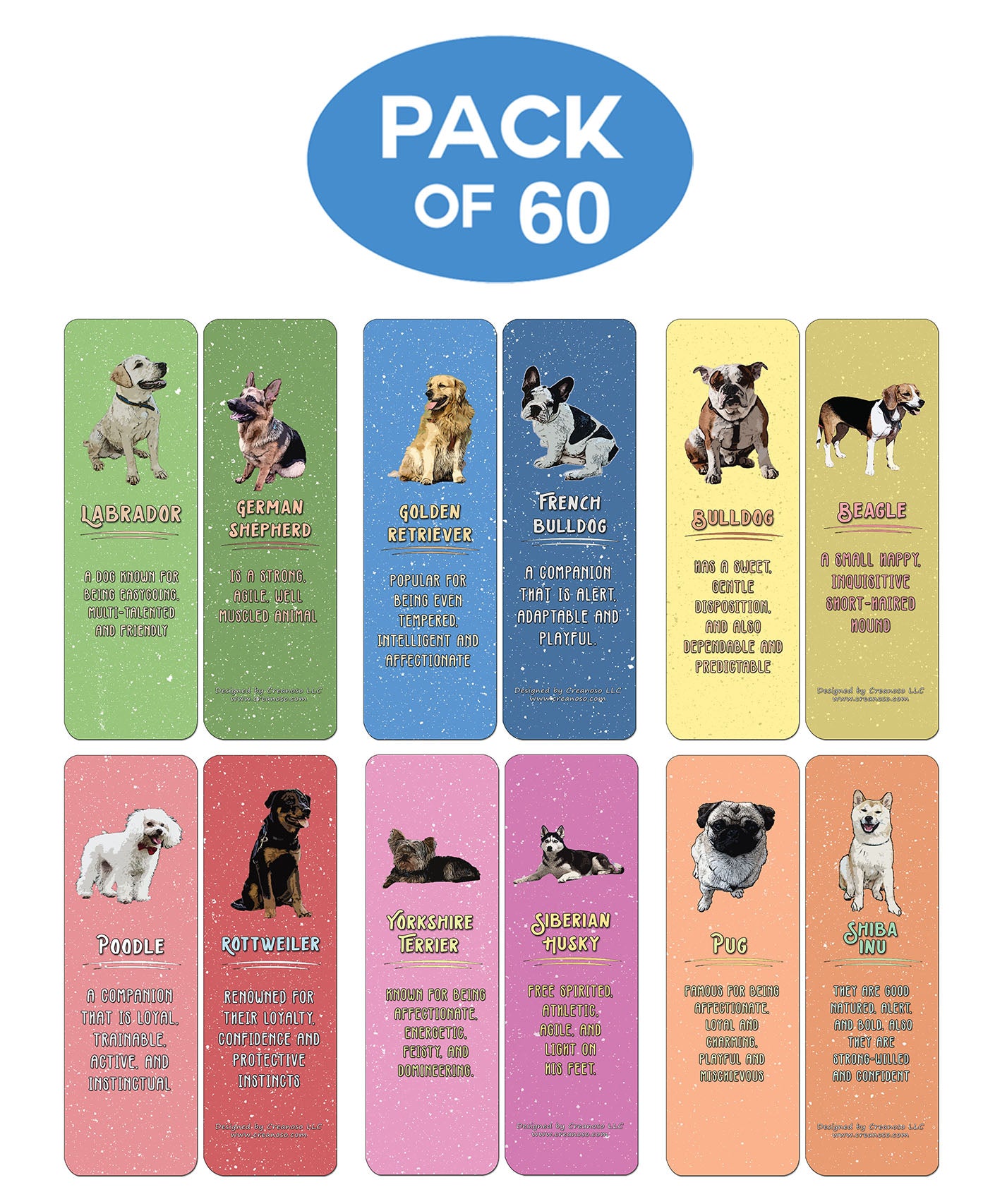 Creanoso Dog breeds and Characteristics Bookmarks (60-Pack) - Premium Quality Gift Ideas for Children, Teens, & Adults for All Occasions - Stocking Stuffers Party Favor & Giveaways
