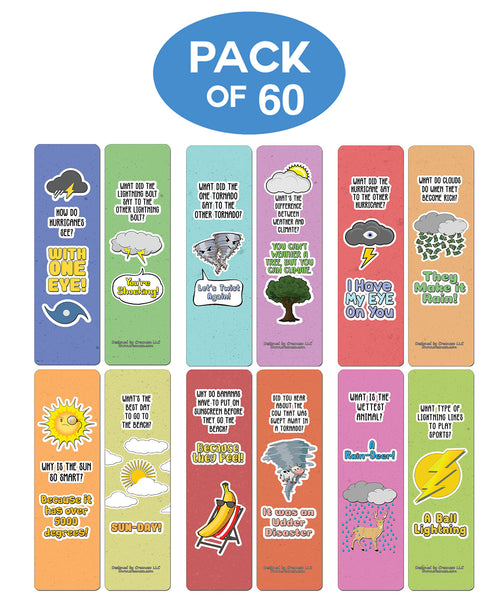 Creanoso Funny Clean Jokes Bookmarks - Weather Jokes (60-Pack) - Premium Quality Gift Ideas for Children, Teens, & Adults for All Occasions - Stocking Stuffers Party Favor & Giveaways