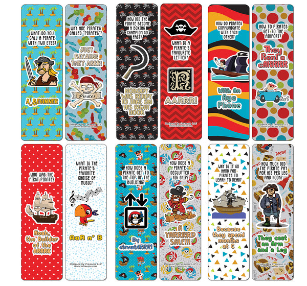 Creanoso Funny Clean Pirate Jokes Bookmarks - Humorous Gift Set and Stocking Stuffers (12-Pack)