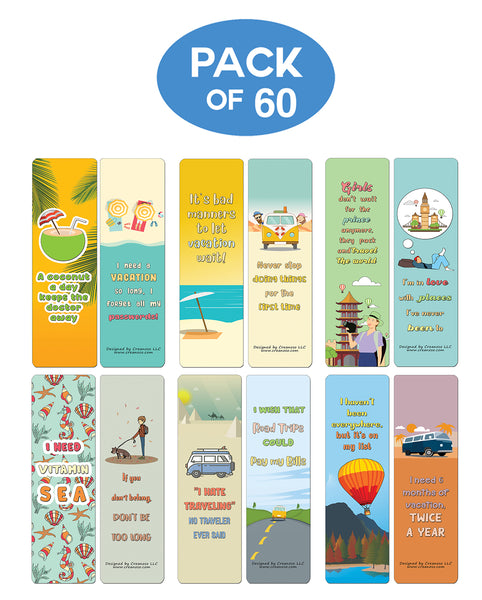 Creanoso Fun Travel Quotes Bookmarks (60-Pack) - Premium Quality Gift Ideas for Children, Teens, & Adults for All Occasions - Stocking Stuffers Party Favor & Giveaways