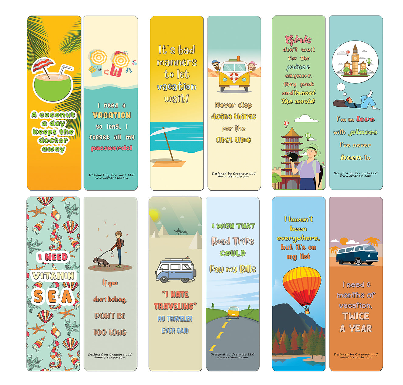 Creanoso Fun Travel Quotes Bookmarks (60-Pack) - Premium Quality Gift Ideas for Children, Teens, & Adults for All Occasions - Stocking Stuffers Party Favor & Giveaways
