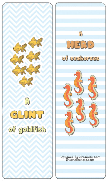 Creanoso Educational Bookmarks for Kids - Animal Group Names - Sea Animals (60-Pack) - Stocking Stuffers Party Favors & Giveaways for Teens & Adults - Classroom Reward Incentives for Students