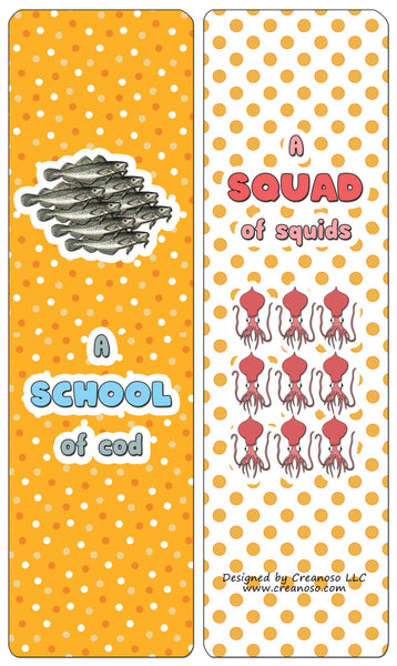 Creanoso Educational Bookmarks for Kids - Animal Group Names - Sea Animals (30-Pack) - Classroom Reward Incentives for Students and Children - Stocking Stuffers Party Favors & Giveaways for Teen